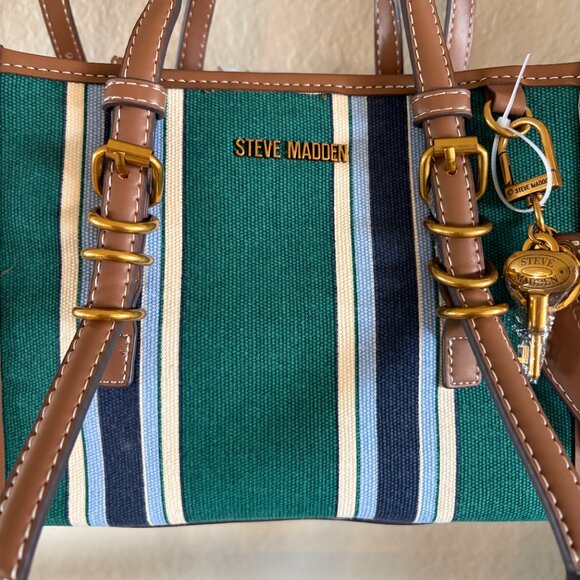 Steve Madden Green Stripe Canvas Tote Crossbody Bag Gold Hardware - Picture 2 of 7